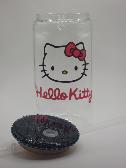 Classic HK 16oz glass Cup with Decorated Resin and Glitter Lid