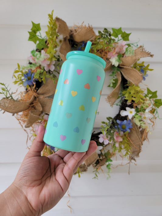 Cute Stainless Steel 16oz Cup Light Teal Cup with Hearts