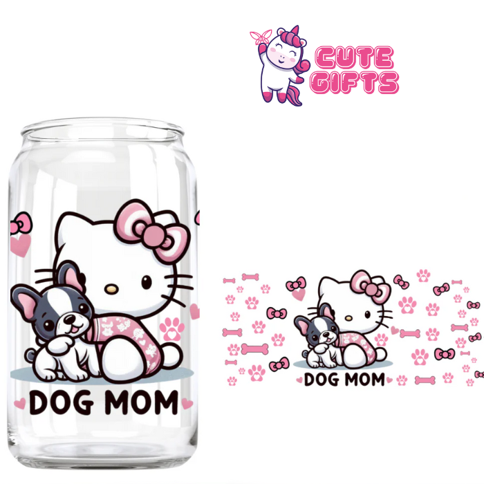 Dog Mom 16oz Glass Cup With Bamboo Lid And Plastic Reusable Straw