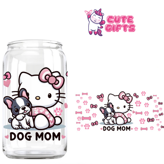 Dog Mom 16oz Glass Cup With Bamboo Lid And Plastic Reusable Straw