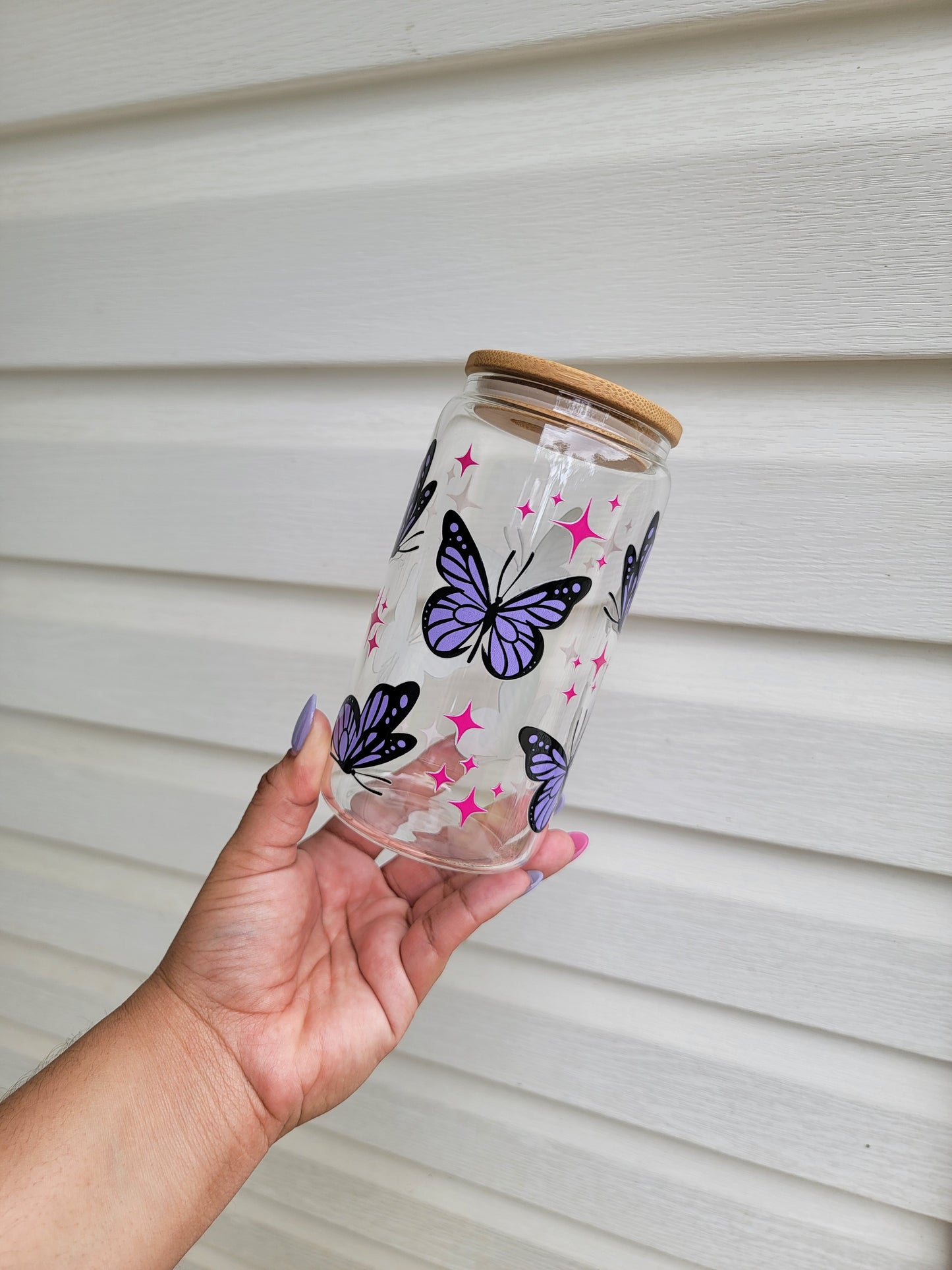 Purple Butterfly 16oz Glass Cup with Bamboo Lid and Reusable Plastic straw