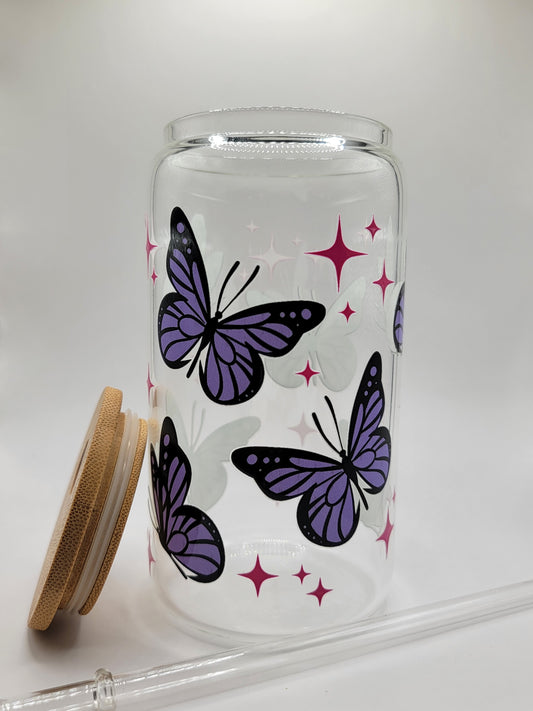 Purple Butterfly 16oz Glass Cup with Bamboo Lid and Reusable Plastic straw