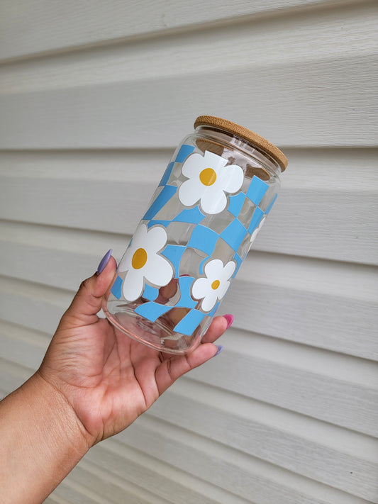 Checkers And Daisies 16 oz Clear Glass Cup