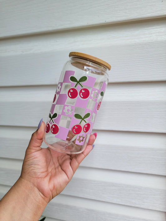 Checkers And Cherries 16 oz Clear Glass Cup with Bamboo lid