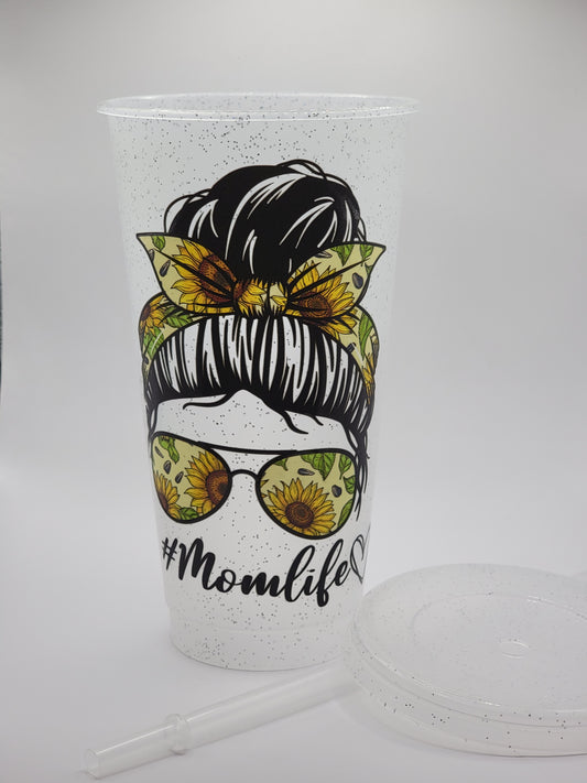 24oz Glitter Plastic Tumbler Mom Life Sunflower