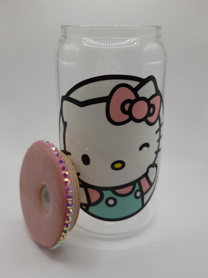 Pink Kitty 16oz Glass Cup with Decorated Bamboo lid.