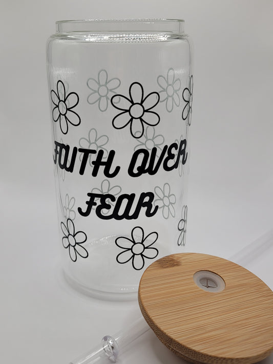 Faith Over Fear Daisy 16oz Glass Cup with bamboo lid and plastic straw