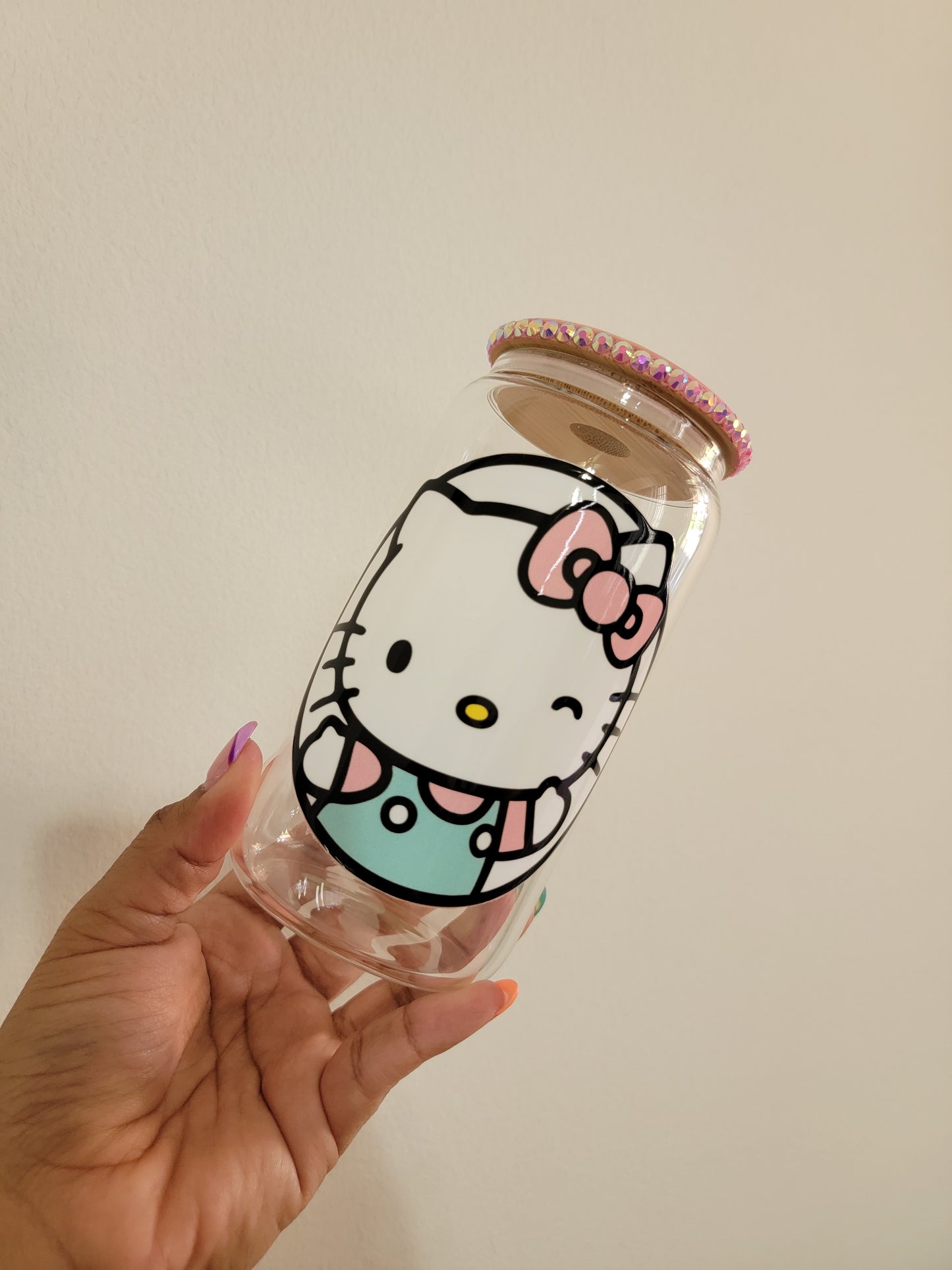 Pink Kitty 16oz Glass Cup with Decorated Bamboo lid.