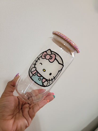 Pink Kitty 16oz Glass Cup with Decorated Bamboo lid.